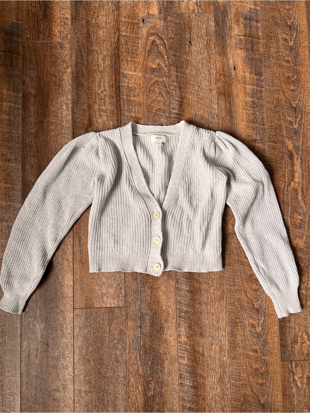 aerie Light Gray Ribbed Cropped Cardigan with Puff Sleeves